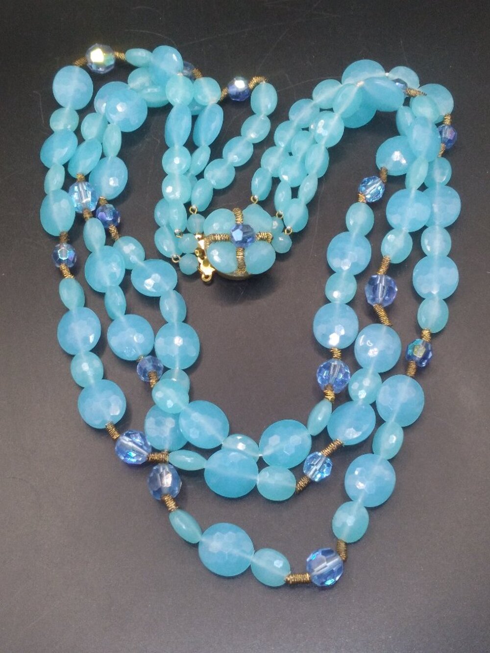 Opalescent Lucite Beads Blue Crystals Triple Strand  20'' Necklace West Germany